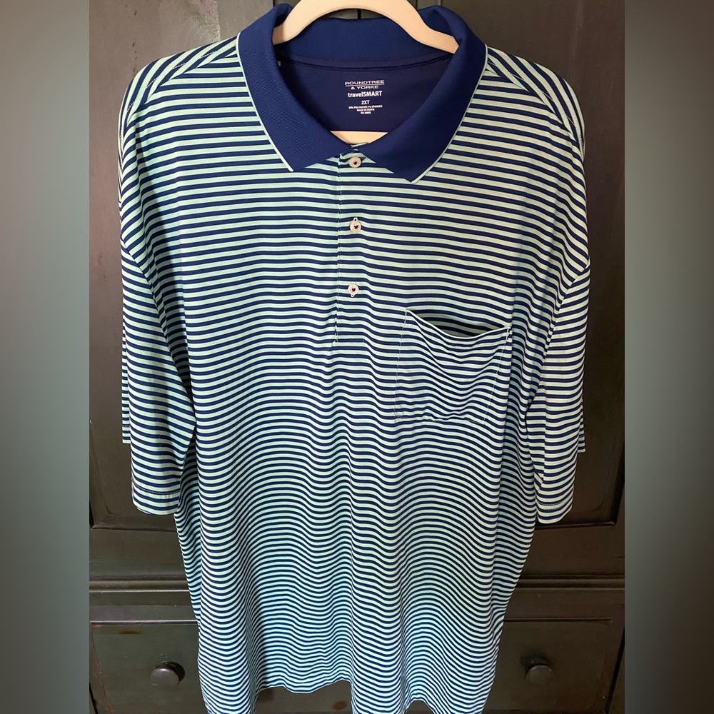 Roundtree and Yorke Travelsmart polo men’s 2XT navy with mint green stripes